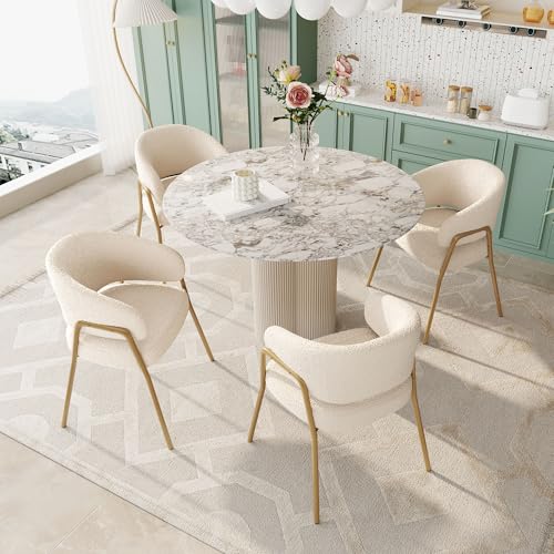 Esszimmerstühle 2er Set, Teddy Polsterstuhl, Essstühle - Geschwungene Rückenlehne & Armlehnen, Küchenstuhl mit Metallrahmen, Stühle für Esszimmer, Küche, Schlafzimmer und Wohnzimmer, Weiß (4) von AilZylphera