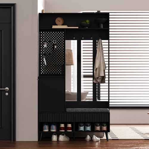 Flurgarderoben set mit sitzbank 100x35x180cm, Garderobe mit schuhschrank , Kompaktgarderobe mit 4 Haken, 2 Schubladen und praktischer Stecktafel, Flur möbel set für Eingangsbereich oder Flur (Schwarz) Flurgarderoben set mit sitzbank 100x35x180cm, Garderobe mit schuhschrank , Kompaktgarderobe mit 4 Haken, 2 Schubladen und praktischer Stecktafel, Flur möbel set für Eingangsbereich oder Flur (Schwarz) von AilZylphera