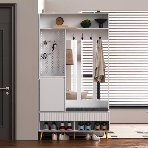 Flurgarderoben set mit sitzbank 100x35x180cm, Garderobe mit schuhschrank , Kompaktgarderobe mit 4 Haken, 2 Schubladen und praktischer Stecktafel, Flur möbel set für Eingangsbereich oder Flur (Weiß) Flurgarderoben set mit sitzbank 100x35x180cm, Garderobe mit schuhschrank , Kompaktgarderobe mit 4 Haken, 2 Schubladen und praktischer Stecktafel, Flur möbel set für Eingangsbereich oder Flur (Weiß) von AilZylphera
