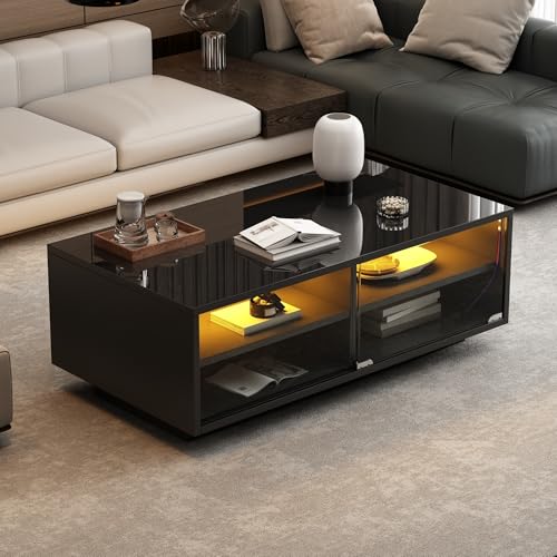 Hochglanz Couchtisch mit Schubladen 94 x 50 x 34 cm, Wohnzimmertisch mit LED-Beleuchtung, Sofatisch mit Glasschiebetür, Beistelltisch/Kaffeetisch für Wohnzimmer, Büro, Empfangsbereich, Schwarz Hochglanz Couchtisch mit Schubladen 94 x 50 x 34 cm, Wohnzimmertisch mit LED-Beleuchtung, Sofatisch mit Glasschiebetür, Beistelltisch/Kaffeetisch für Wohnzimmer, Büro, Empfangsbereich, Schwarz von AilZylphera