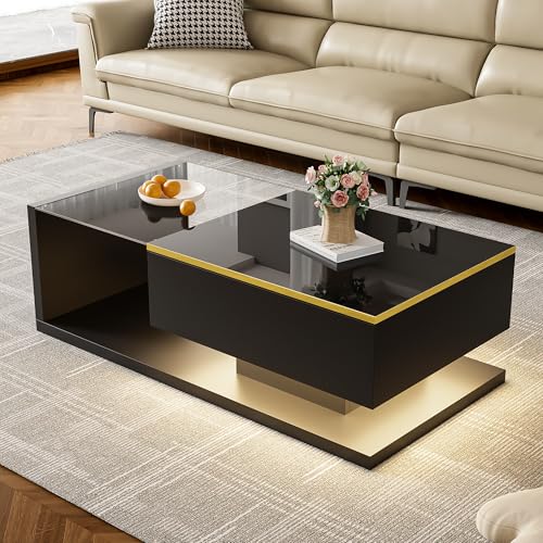 Hochglanz Couchtisch schwarz mit LED 100 x 50 x 32.5 cm, Wohnzimmertisch mit stauraum, beistelltisch couch, Sofatisch/stubentisch, kaffeetisch für Wohnzimmer, Büro oder Esszimmer. (schwarz, 2) von AilZylphera