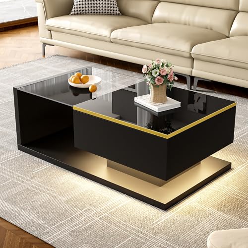 Hochglanz Couchtisch schwarz mit LED 90 x 50 x 32.5 cm, Wohnzimmertisch mit stauraum, beistelltisch couch, Sofatisch/stubentisch, kaffeetisch für Wohnzimmer, Büro oder Esszimmer. (schwarz, 1) von AilZylphera