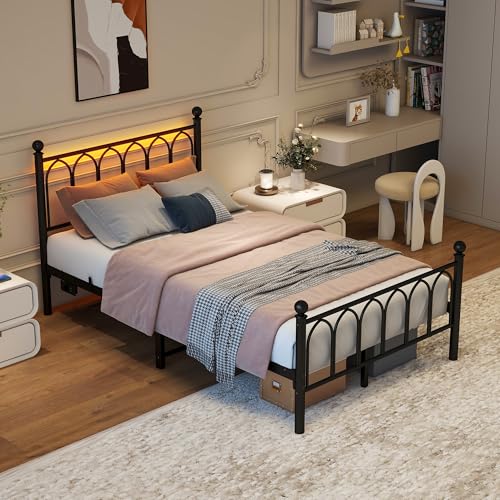 Metallbett 120x200cm mit LED und USB-Ladeanschluss. Bett mit Lattenrost aus Metall. Bettrahmen mit Kopf- und Fußteil, Einzelbett mit Stauraum, Jugendbett, Keine Box-Feder erforderlich (Schwarz) von AilZylphera