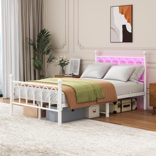 Metallbett 120x200cm mit LED und USB-Ladeanschluss. Bett mit Lattenrost aus Metall. Bettrahmen mit Kopf- und Fußteil, Einzelbett mit Stauraum, Jugendbett, Keine Box-Feder erforderlich (Weiß) von AilZylphera
