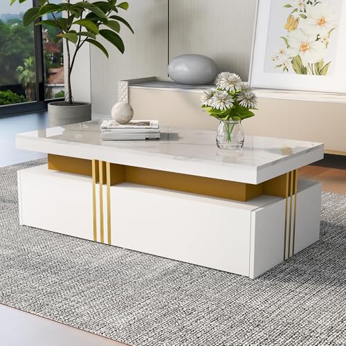 Moderner Hochglanz-Couchtisch 100 x 50 x 40 cm. Rechteckiger Wohnzimmertisch mit 2 Schubladen. Sofatisch/Beistelltisch mit offenem Stauraum. Tisch mit Marmorplatte für Wohnzimmer oder Büro, weiß von AilZylphera