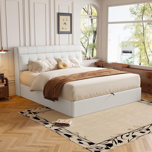 Polsterbett Doppelbett 140x200cm, Bettgestell mit Kopfteil und Lattenrost Kopfteil mit Stauraum Funktionsbett Stauraumbetten mit Gepolstertes Kopfteil Bettrahmen Jugendbett, PU (Weiß, 140 x 200cm) von AilZylphera