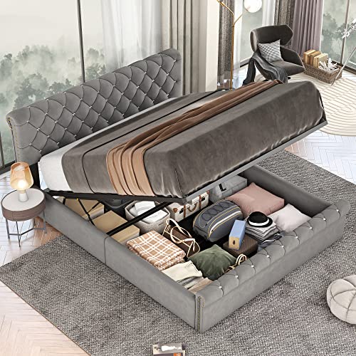 Polsterbetten Doppelbett, Hydraulisches Stauraumbett, mit Kopfteil und Lattenrost, mit Stauraumbox, Samt, für Schlafzimmer, Zweites Schlafzimmer, Ohne Matratze, 140x200 cm, Grau (140X200cm) von AilZylphera