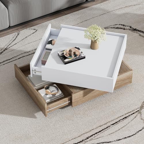 Quadratischer 360° drehbarer Couchtisch 60 x 60 x 38 cm, doppellagiger Design wohnzimmer tisch mit Schubladen, Sofatisch/Beistelltisch, Kaffeetisch für Wohnzimmer oder Büro, Holzfarbe + Weiß (1) von AilZylphera