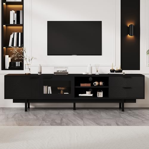 TV-Schrank 200x40x50,5 cm für Fernseher bis zu 80 Zoll, Doppeltür- Fernsehschrank mit 2 Schubladen, TV lowboard mit Glastüren, TV Board/ TV Tisch für Wohnzimmer, Esszimmer, Schlafzimmer (weiß) von AilZylphera