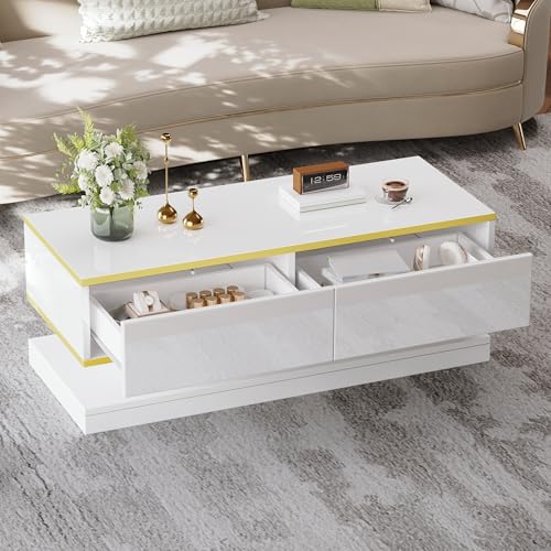 Weißer Hochglanz Couchtisch 100x50x38cm, Sofatisch/Beistelltisch mit 2 großen Schubladen, stylischer Wohnzimmertisch/Kaffeetisch, Tisch für Wohnzimmer oder Büro Weißer Hochglanz Couchtisch 100x50x38cm, Sofatisch/Beistelltisch mit 2 großen Schubladen, stylischer Wohnzimmertisch/Kaffeetisch, Tisch für Wohnzimmer oder Büro von AilZylphera