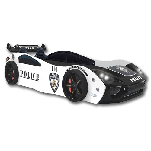 Aileenstore Autobett 90x200 Jungen Kinder Kinderbett Police + Sportsitze Rennwagenbett inkl. Lattenrost LED-Leuchte Spoiler (Fresh Plus H2 Matratze) von Aileenstore