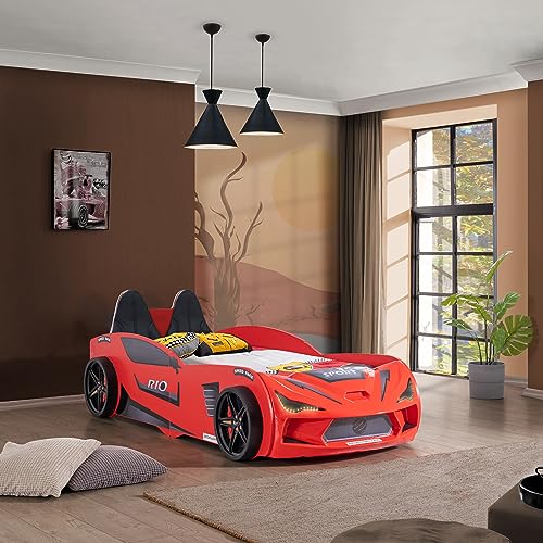 Aileenstore Autobett Kinder Kinderbett Rio 90x200 Rennwagenbett inkl. Lattenrost LED-Leuchte Spoiler (inkl. Creativ Fresh H2 Matratze, Rot inkl. Sportsitze) von Aileenstore