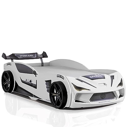 Aileenstore Autobett Kinder Kinderbett Rio 90x200 Rennwagenbett inkl. Lattenrost LED-Leuchte Spoiler (inkl. Creativ Fresh H2 Matratze, Weiß inkl. Sportsitze) von Aileenstore