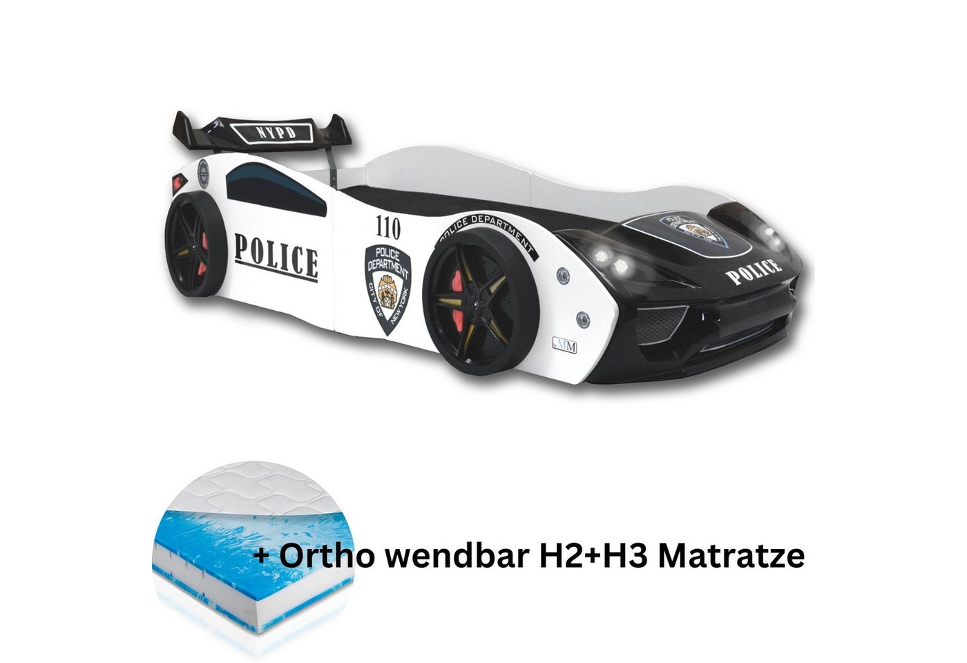 Aileenstore Autobett Police (inkl. Lattenrost LED Licht Matratze und Heckspoiler), Kinderbett 90 x 200 cm, Spielbett als Polizeiauto Rennwagenbett von Aileenstore