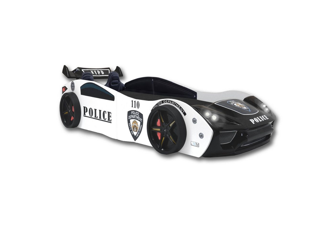 Aileenstore Autobett Police (inkl. Sportsitze, Lattenrost, Heckspoiler und LED Licht), Kinderbett 90 x 200 cm, Spielbett als Polizeiauto Rennwagenbett von Aileenstore