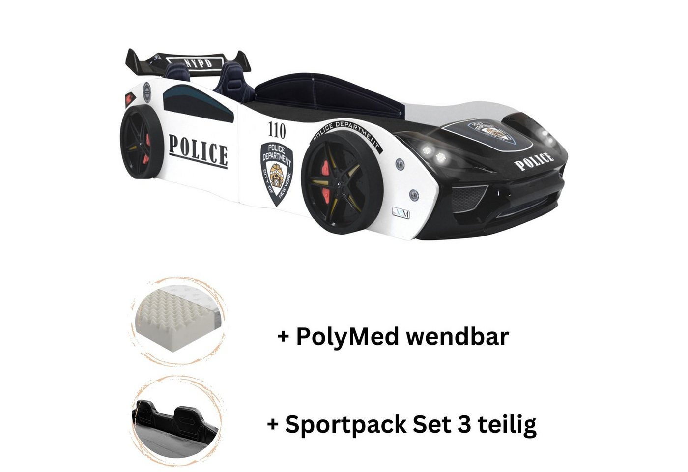 Aileenstore Autobett Police (inkl. Sportsitze, Lattenrost, Heckspoiler und LED Licht), Kinderbett 90 x 200 cm, Spielbett als Polizeiauto Rennwagenbett von Aileenstore