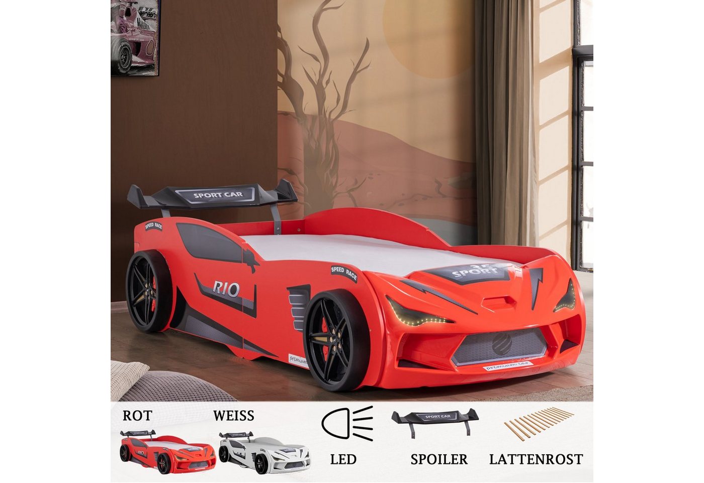 Aileenstore Autobett Rio, Kinderbett 90 x 200 cm, inkl. Lattenrost, Heckspoiler LED-Beleuchtung Aileenstore Autobett Rio, Kinderbett 90 x 200 cm, inkl. Lattenrost, Heckspoiler LED-Beleuchtung von Aileenstore