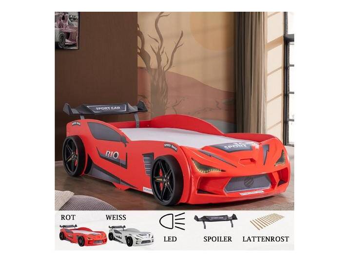 Aileenstore Autobett Rio, Kinderbett 90 x 200 cm, inkl. Lattenrost, Heckspoiler LED-Beleuchtung, rot, inkl. Sportsitze,Creativ Fresh Plus H2 Matratze von Aileenstore