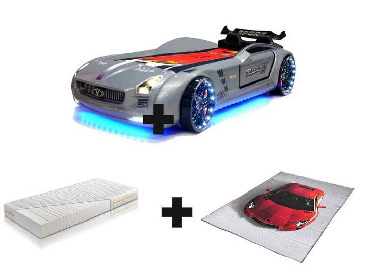 Aileenstore Autobett Rio (Matratze, Teppich, Sportsitze, Lattenrost, Spoiler, LED, Sound, FB), Roadster Kinderbett, Spielbett mit LED, Sound, Fernbedienung, silberfarben von Aileenstore