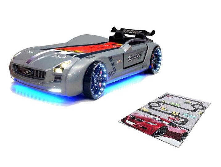 Aileenstore Autobett Rio (Teppich, Sportsitze, Lattenrost, Spoiler, LED, Sound, Fernbedienung), Roadster Kinderbett, Spielbett mit LED, Sound, Fernbedienung, silberfarben von Aileenstore