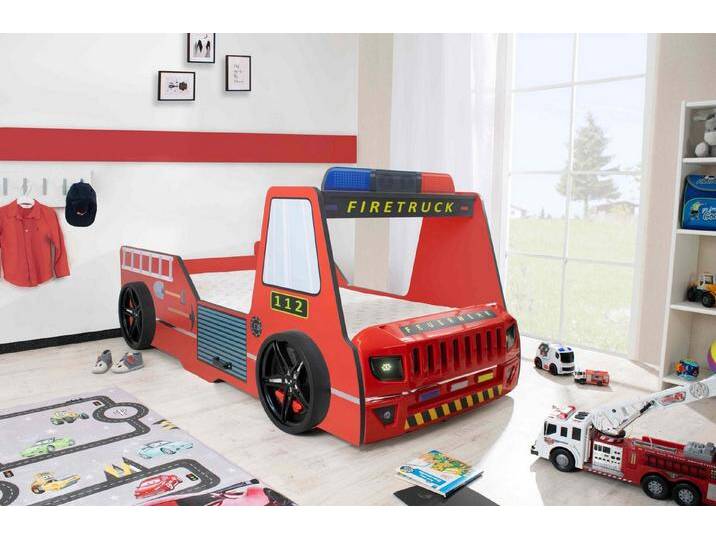 Aileenstore Autobett Rio (inkl. LED Licht und Lattenrost), Feuerwehrbett, 90x200 cm, LED Licht, Hochglanz, Lattenrost, rot, inkl. Matratze von Aileenstore
