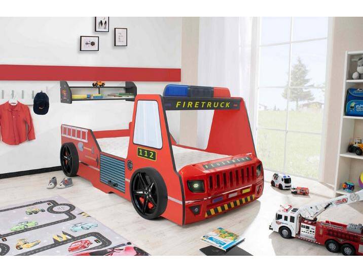 Aileenstore Autobett Rio (inkl. LED Licht und Lattenrost), Feuerwehrbett, 90x200 cm, LED Licht, Hochglanz, Lattenrost, rot von Aileenstore
