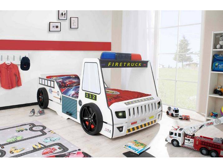 Aileenstore Autobett Rio (inkl. LED Licht und Lattenrost), Feuerwehrbett, 90x200 cm, LED Licht, Hochglanz, Lattenrost, weiß von Aileenstore