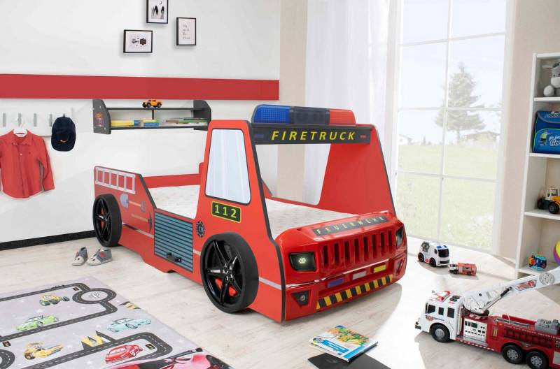 Aileenstore Autobett Rio (inkl. LED Licht und Lattenrost), Feuerwehrbett, 90x200 cm, LED Licht, Hochglanz, Lattenrost von Aileenstore