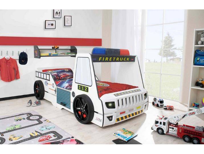 Aileenstore Autobett Rio (inkl. LED Licht und Lattenrost), Feuerwehrbett, 90x200 cm, LED Licht, Hochglanz,Lattenrost, weiß von Aileenstore