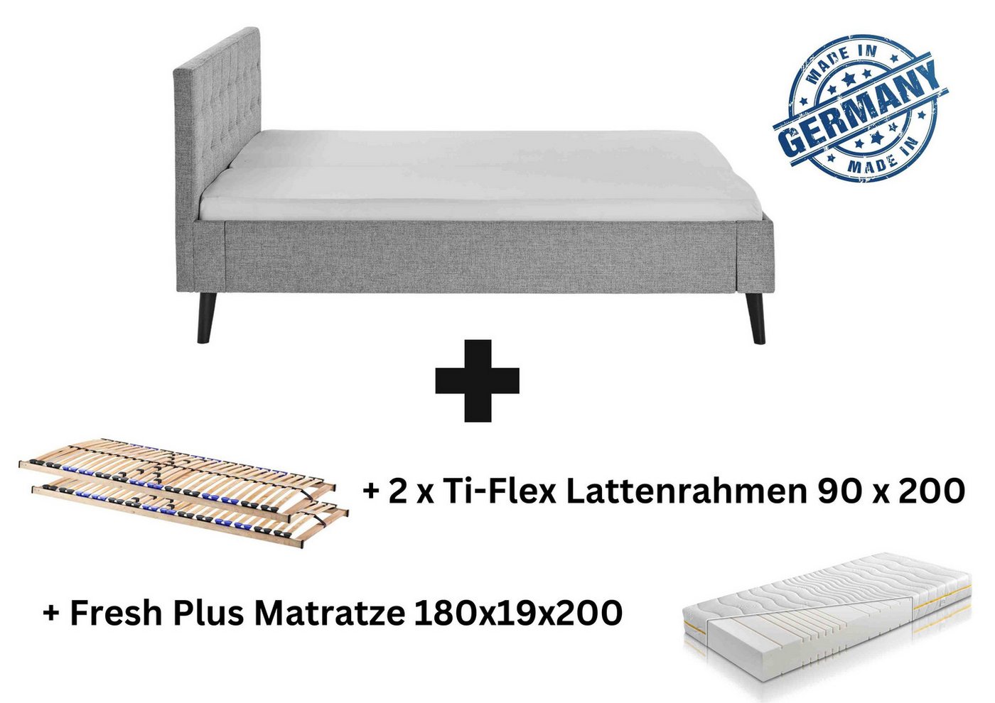 Aileenstore Polsterbett Amira, Doppelbett 180 x 200 cm, Kopfteil gesteppt Grau von Aileenstore