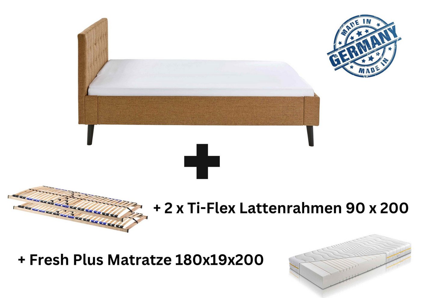 Aileenstore Polsterbett Amira, Doppelbett 180 x 200 cm, Kopfteil gesteppt Ocker von Aileenstore