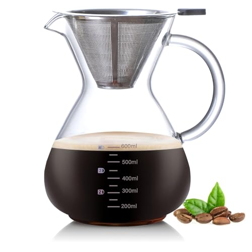 Pour Over Kaffeebereiter, 600ml Glas Kaffeekanne mit Filter und Hitzebeständigem Griff, Pour Over Coffee Maker Handbrüh Kaffeebereiter für bis zu 4 Tassen für Baristas Hause und Café von Ailelan