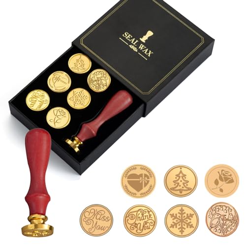 Wachssiegel Stempel Set, 7 Stück Wachs Stempel 1 Holzgriff Wachssiegel Set, Kupfer Wachs Siegel Stempel Kit Siegelstempel Set für Umschlag Hochzeit Einladung Brief Geschenkverpackung (Schwarz) von Ailelan
