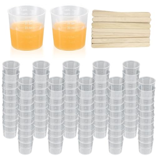 Aililong 80 Stück 30ml Messbecher Kunststoff mit 80 STK Holzstäbchen zum Mischen von Farben, Epoxidharz, Kochen & Malerei Zubehör von Aililong