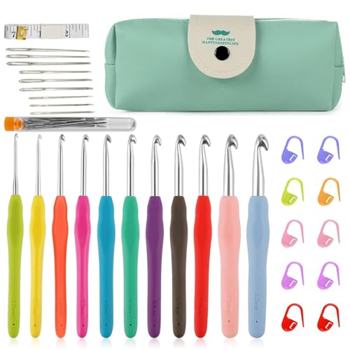 Aililong Häkelnadel Set - 32-teiliges Crochet Set mit Häkelnadeln von 2mm-8mm, ergonomischen Gummigriffen und Aufbewahrungstasche. Das ideale Häkelnadel Set für Anfänger und Experten! von Aililong