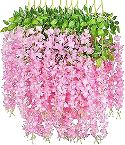 Ailovone Kunstblumen Künstliche Glyzinien Blumen 12 stück hängepflanze künstlich Kunstblumen für den Außenbereich kunstblumen Balkon für Party Home Dekoration Hochzeiten 110 cm (Rosa) von Ailovone