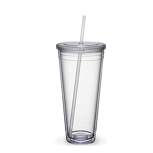 Ailovone Plastikbecher Reisebecher mit Strohhalm plastikbecher mehrweg mit deckel Doppelwandig Transparenter Trinkbecher für Fruchtsaft Smoothie Saft Kaffee Eiskaffee (650ml) von Ailovone