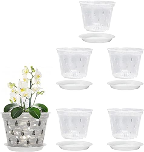 Ailovone Transparent Blumentopf Orchidee 5 Stück Orchideentopf Kunststoff Pflanztöpfe Atmungsaktiver mit Ablauflöchern und Untertassen für Indoor Outdoor Garden Balkon (15cm-5pcs) von Ailovone