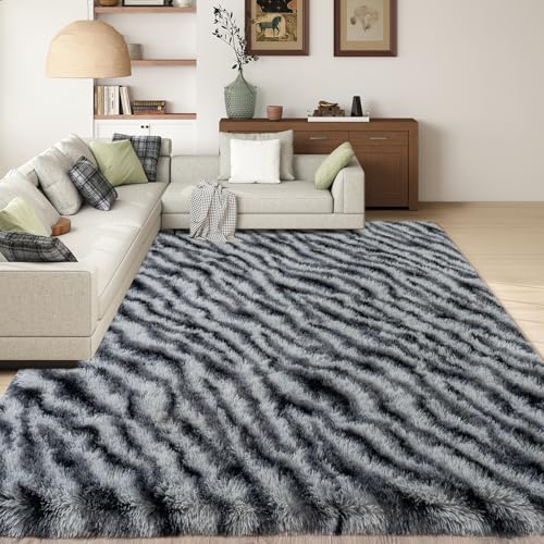 Ailyei Großer Zottelteppich für Wohnzimmer, ultraweich, Zebramuster, schwarz-weiß, großer Zottelteppich für Schlafzimmer, Kinderzimmer, moderner flauschiger Plüschteppich für Mädchen, Kinderzimmer von Ailyei
