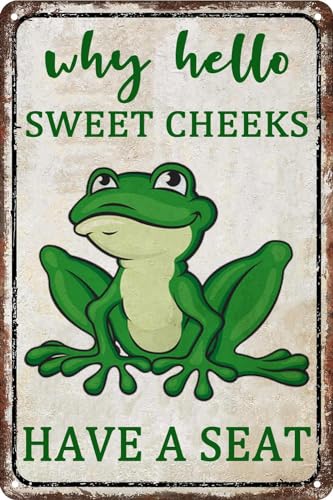 AimQurt Vintage Metallschilder Frosch Badezimmer Dekor Why Hello Sweet Cheeks Have A Seat Lustiges Froschschild Duschraum Poster Badezimmer WC Frosch Zubehör 20,3 x 30,5 cm, Stil 1 von AimQurt