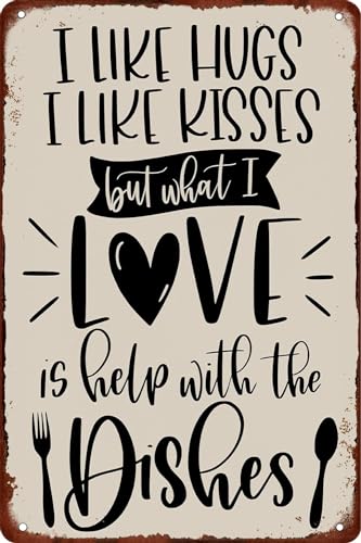 Metall-Blechschild mit Aufschrift "I Like Hugs I Like Kisses but What I Love is Help with the Dishes", Vintage-Retro-Poster für Café, Bar, Zuhause, Wanddekoration, 20,3 x 30,5 cm Metall-Blechschild mit Aufschrift "I Like Hugs I Like Kisses but What I Love is Help with the Dishes", Vintage-Retro-Poster für Café, Bar, Zuhause, Wanddekoration, 20,3 x 30,5 cm von AimQurt
