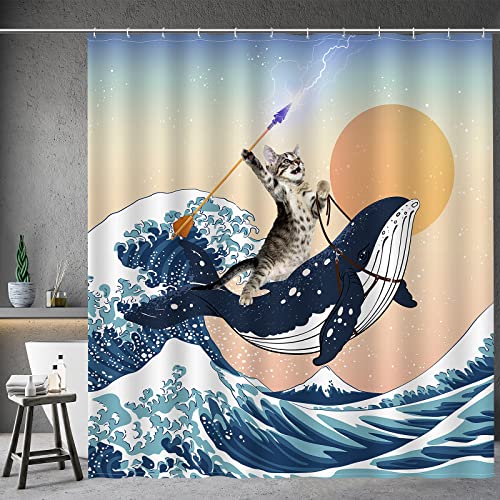 Aimego Lustiger Duschvorhang, mutige Katze, die Dreizack hält, reitender Hai im Ozean, Hai-Katzen-Duschvorhänge mit Haken für Badezimmer-Dekor-Zubehör, Badewannenvorhang, 183 x 183 cm von Aimego