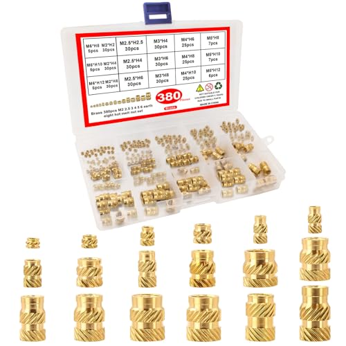 AIMEKE 380 Stück Gewindeeinsatz 3D Druck M2 M2.5 M3 M4 M5 M6 Einschmelzgewinde Mit Sortierbox, Messing Gewindeeinsätze, Gerändelt Einpressmuttern für 3D Druck Zubehör, Kunststoffteile von Aimeke