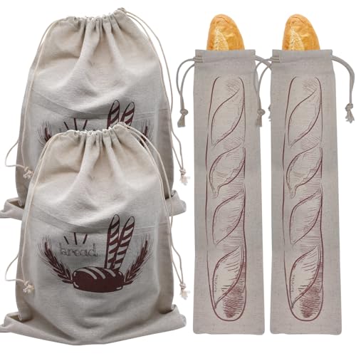 AIMEKE 4 Stück Brotbeutel Leinen Brotsack mit Kordelzug Brottasche Wiederverwendbar für Brote und Backwaren Aller Art (29 × 38,5cm/ 14,4 × 65cm) von Aimeke