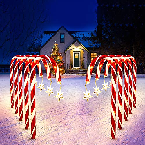 10 Stück Zuckerstangen Lichterketten Weihnachtsweg Marker,LED Zuckerstangen Gartenstecker Lichterkette,LED Wasserdicht Zuckerstangen Beleuchtet Lichter mit Sternenlichtern für Garten Weihnachtsdeko von Aimiyaelec