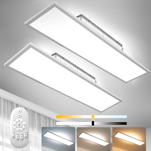 2PCS Dimmbar LED Deckenleuchte 120x30 cm, 52W Ultra Dünn Deckenlampe mit Backlight Fernbedienung, Hohe Helligkeit 2700K-6500K Warm Natur Kalt Weiß Licht Panel Lampe für Wohnzimmer Küche Werkstatt Büro von Aimosen