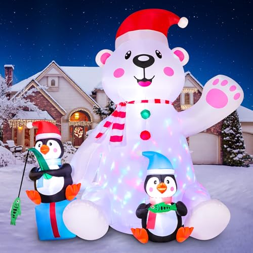 Aimosen 7FT/2.1 M Aufblasbare Weihnachtsdekoration, Aufblasbarer LED-Lichter Sitzender Eisbär – Zwei Pinguine, Party Dekoration Innen/Außenhof-Weihnachtsdekoration (210 cm Eisbär) von Aimosen