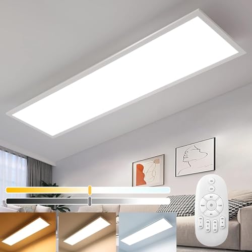 Dimmbar LED Panel Deckenlampe 100x25cm, 28W 2400LM Starke Helligkeit Ultra-Flach Deckenleuchte mit Fernbedienung, 2700K-6500K Warm/Weiß/Kalt Weißes Licht, Beleuchtung für Badezimmer Büro Fitnessraum von Aimosen