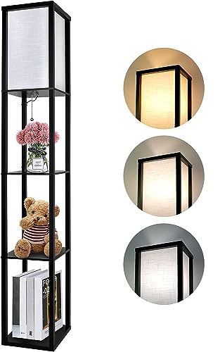 LED Stehlampe aus Holz, Stehleuchte mit E27 Birne (3000K-5000K), 1.62 m Standleuchte mit 3 Holzregale, Retro 3 Farbtemperaturen Nachttischlampe mit Lampenschirme für Schlafzimmer Wohnzimmer Büro Ecke von Aimosen