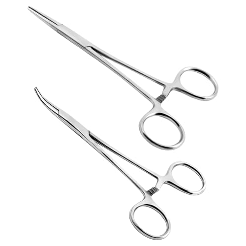 Ainiv 2 Stück Piercingzange Set, 18cm Selbstverriegelnde Piercing Zange, Fischerei Klemme mit Sägezahndesign, Vielseitige Verriegelungszange für DIY Handwerk Haustierpflege (Gerade + Gebogen) von Ainiv